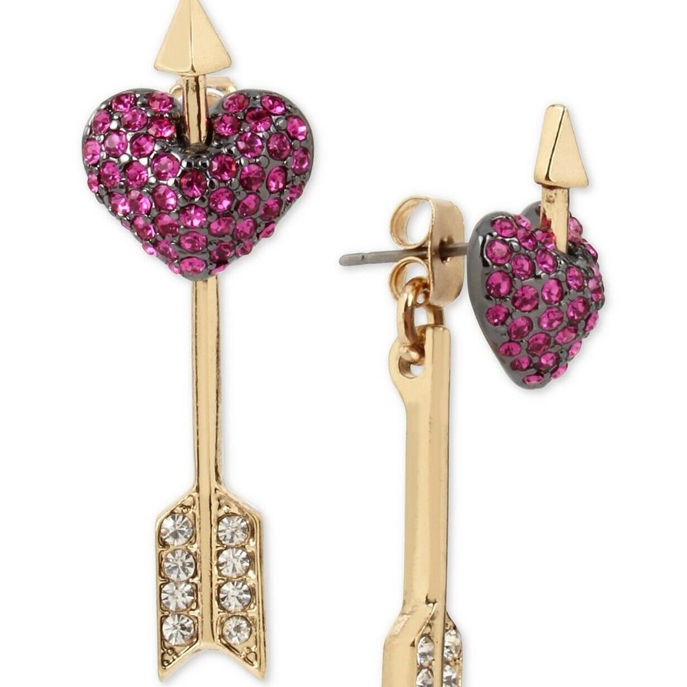 Betsey Johnson Two-Tone Pavé Heart and Arrow Front and Back Earrings
